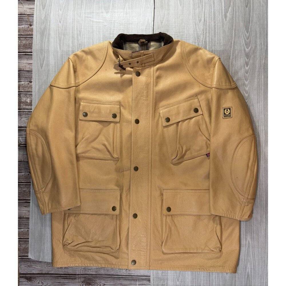 Belstaff England Panther Biker Leather Jacket Sz 2XL color beige vintage no belt